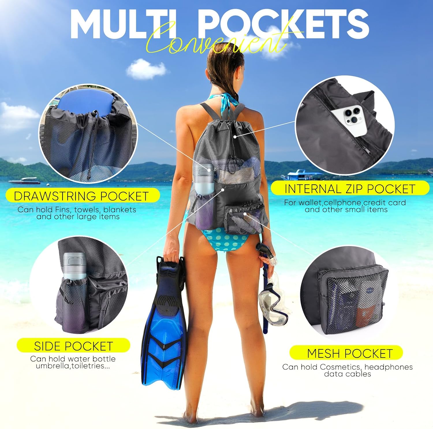 Swim Mesh Beach Bag, Waterproo - Drawstring Gym Bag review and price